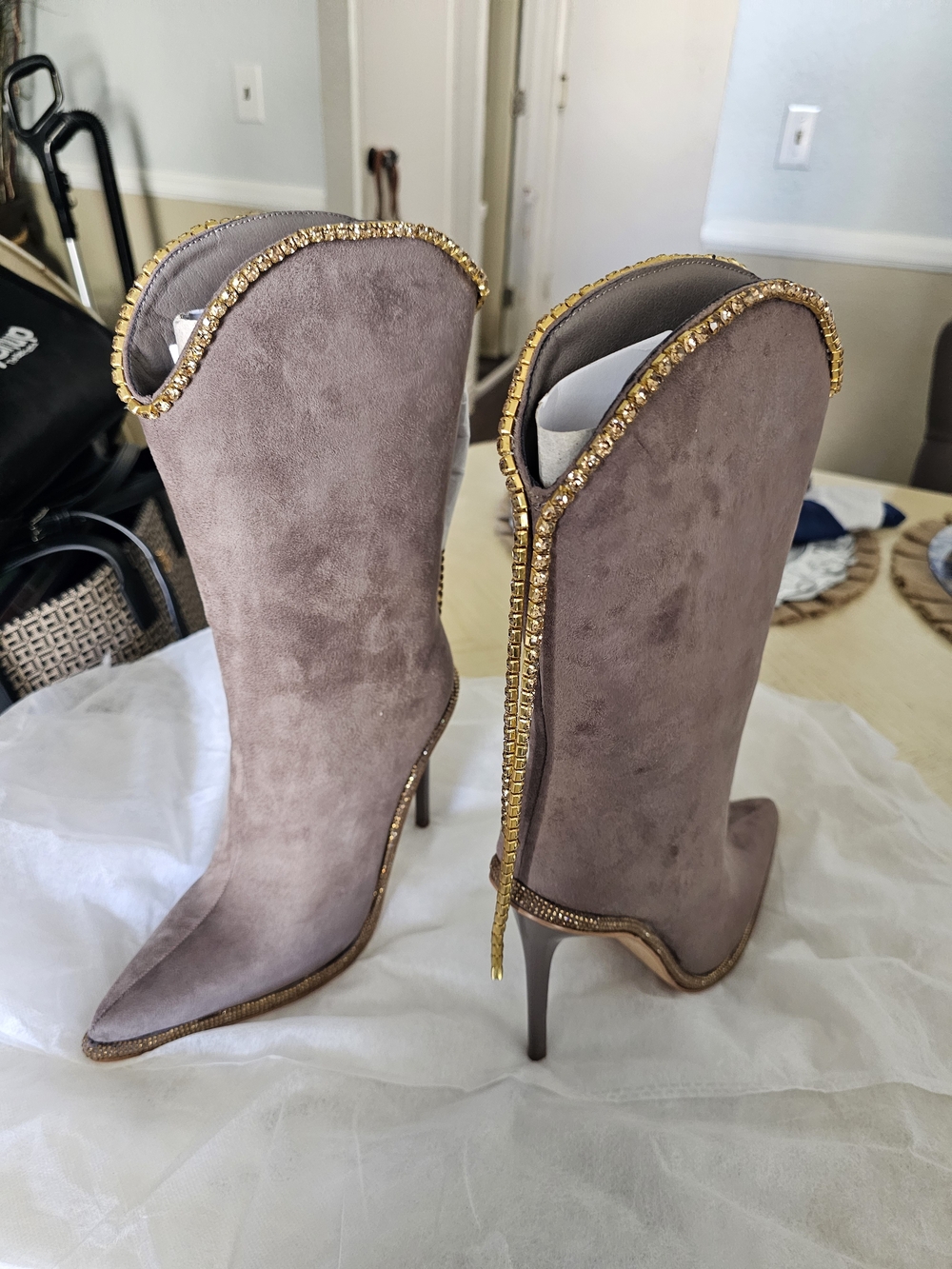 Taupe Suede Stiletto Ankle Boots with Gold Crystal Trim